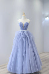 Blue Strapless Tulle Long Corset Prom Dress, Lovely Sweetheart Neckline Evening Dress outfit, Party Dress On Sale