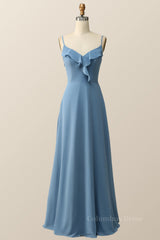 Blue Straps Ruffle Chiffon Long Corset Bridesmaid Dress outfit, Homecoming Dress