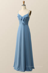 Blue Straps Ruffle Chiffon Long Corset Bridesmaid Dress outfit, Satin Dress