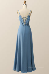 Blue Straps Ruffle Chiffon Long Corset Bridesmaid Dress outfit, Wedding Guest Outfit
