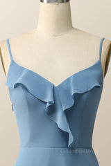 Blue Straps Ruffle Chiffon Long Corset Bridesmaid Dress outfit, Reception Dress