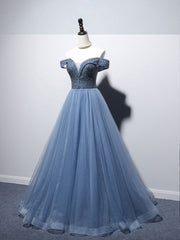 Blue Sweetheart Neck Tulle Beads Off Shoulder Long Corset Prom Dress outfits, Evening Dresses Sale