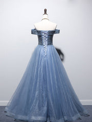 Blue Sweetheart Neck Tulle Beads Off Shoulder Long Corset Prom Dress outfits, Evening Dress Sale