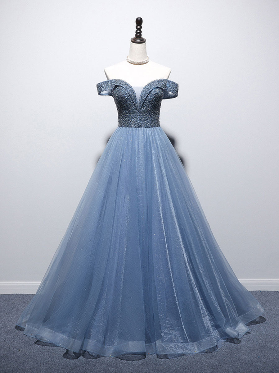 Blue Sweetheart Neck Tulle Beads Off Shoulder Long Corset Prom Dress outfits, Evening Dresses Near Me