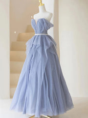 Blue Sweetheart Tulle Off-the-Shoulder Floor-Length Corset Prom Dresses, Blue Evening Gown outfits, Evening Dress Near Me