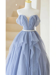 Blue Sweetheart Tulle Off-the-Shoulder Floor-Length Corset Prom Dresses, Blue Evening Gown outfits, Evening Dresses Near Me