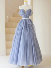 Blue Sweetheart Tulle Off-the-Shoulder Floor-Length Corset Prom Dresses, Blue Evening Gown outfits, Evening Dresses Sale