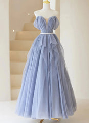 Blue Sweetheart Tulle Off-the-Shoulder Floor-Length Corset Prom Dresses, Blue Evening Gown outfits, Evening Dress Shops