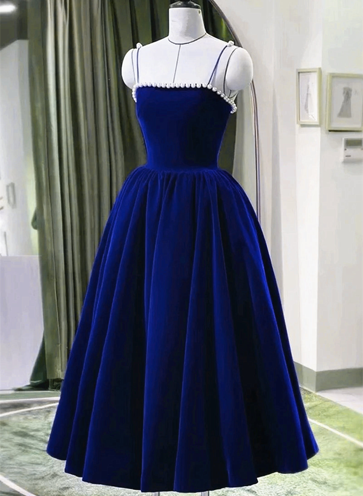 Blue Tea Length Velvet Straps Pearls Corset Formal Dress, Blue Corset Homecoming Dress outfit, Bridesmaid Dresses Blushes