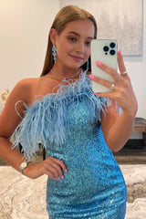 Blue Tight Sequins Corset Homecoming Dress with Feathers outfit, Blue Tight Sequins Homecoming Dress with Feathers