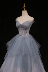 Blue Tulle A-Line Strapless Long Corset Prom Dress, Blue Evening Party Dress Outfits, Dress To Impression