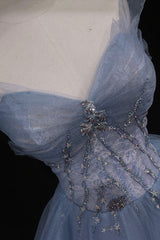 Blue Tulle A-Line Strapless Long Corset Prom Dress, Blue Evening Party Dress Outfits, Wedding Dress Guest