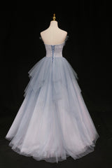 Blue Tulle A-Line Strapless Long Corset Prom Dress, Blue Evening Party Dress Outfits, Short Dress Style