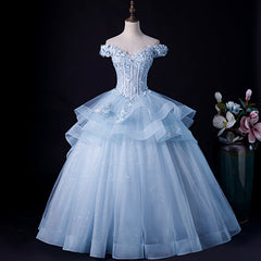 Blue Tulle Corset Ball Gown Off Shoulder Layers Sweet 16 Dress, Blue Corset Formal Dress with Lace Outfits, Formal Dresses Nearby