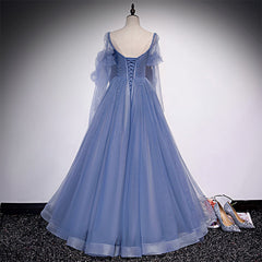 Blue Tulle Beaded Long Corset Formal Dress Party Dresses, A-line Corset Wedding Party Dresses outfit, Wedding Dresses Classis