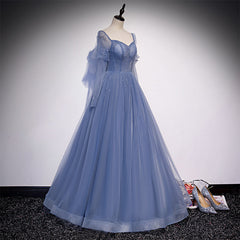 Blue Tulle Beaded Long Corset Formal Dress Party Dresses, A-line Corset Wedding Party Dresses outfit, Wedding Dress Classy