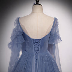Blue Tulle Beaded Long Corset Formal Dress Party Dresses, A-line Corset Wedding Party Dresses outfit, Wedding Dresses Classy