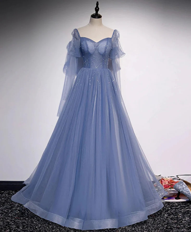 Blue Tulle Beaded Long Corset Formal Dress Party Dresses, A-line Corset Wedding Party Dresses outfit, Wedding Dress Fits