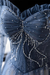 Blue Tulle Beaded Long Corset Prom Dress, A-Line Long Sleeve Evening Dress outfit, Prom Dress Places