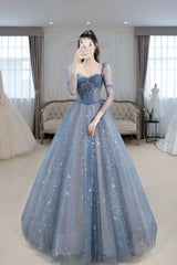 Blue Tulle Beaded Long Corset Prom Dress, A-Line Long Sleeve Evening Dress outfit, Prom Dress Trends 2033
