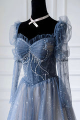 Blue Tulle Beaded Long Corset Prom Dress, A-Line Long Sleeve Evening Dress outfit, Prom Dress Ideas 2033