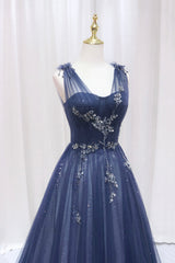 Blue Tulle Beaded Long Corset Prom Dress, Blue A-Line Evening Party Dress Outfits, Bridesmaids Dress Blue