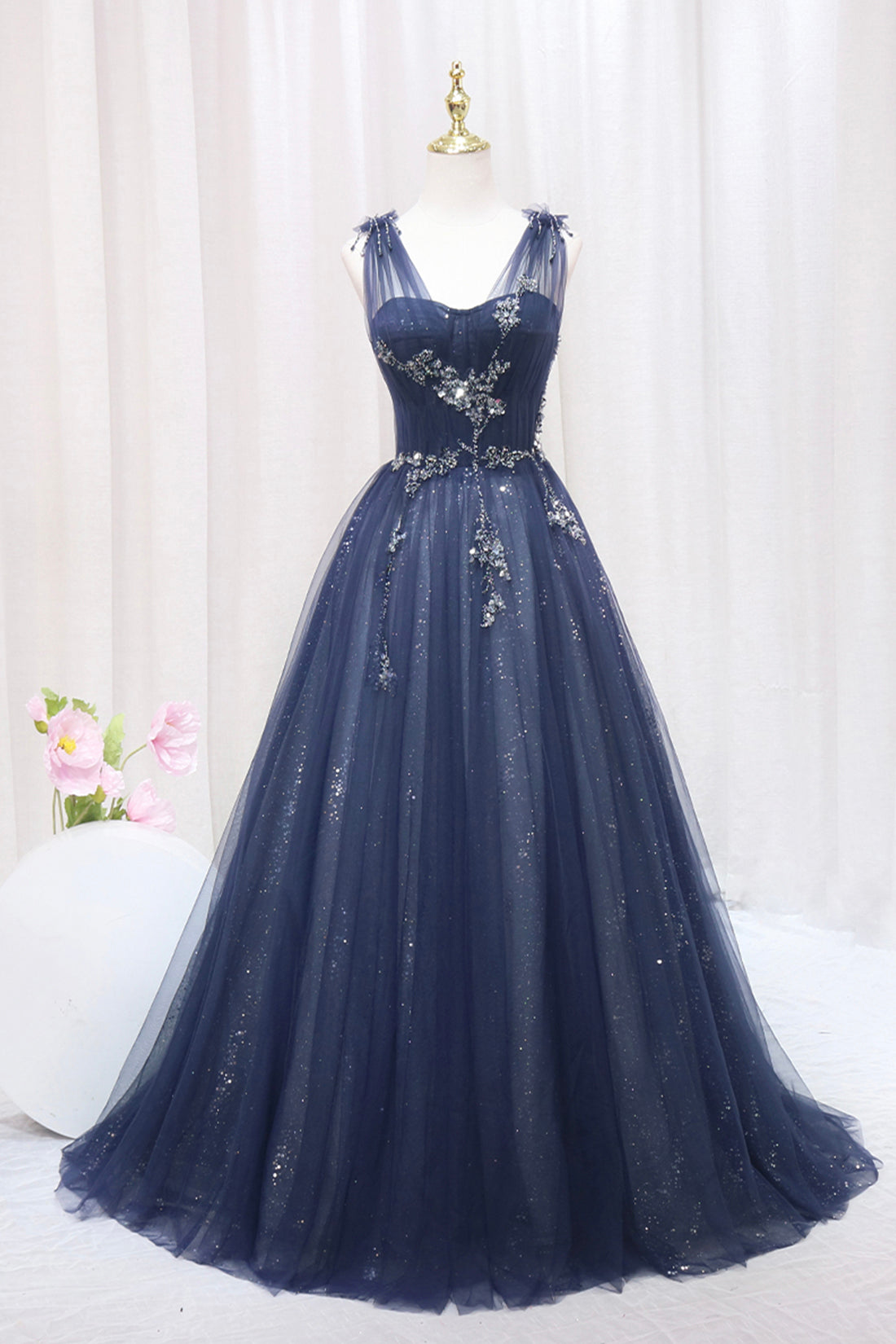 Blue Tulle Beaded Long Corset Prom Dress, Blue A-Line Evening Party Dress Outfits, Bridesmaid Dresses Blues
