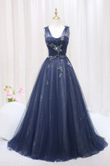 Blue Tulle Beaded Long Corset Prom Dress, Blue A-Line Evening Party Dress Outfits, Bridesmaid Dresses Blues