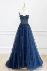 Blue Tulle Beaded Long Corset Prom Dress Corset Formal Dress, Blue Evening Dress outfit, Bridesmaid Dresses Mismatch