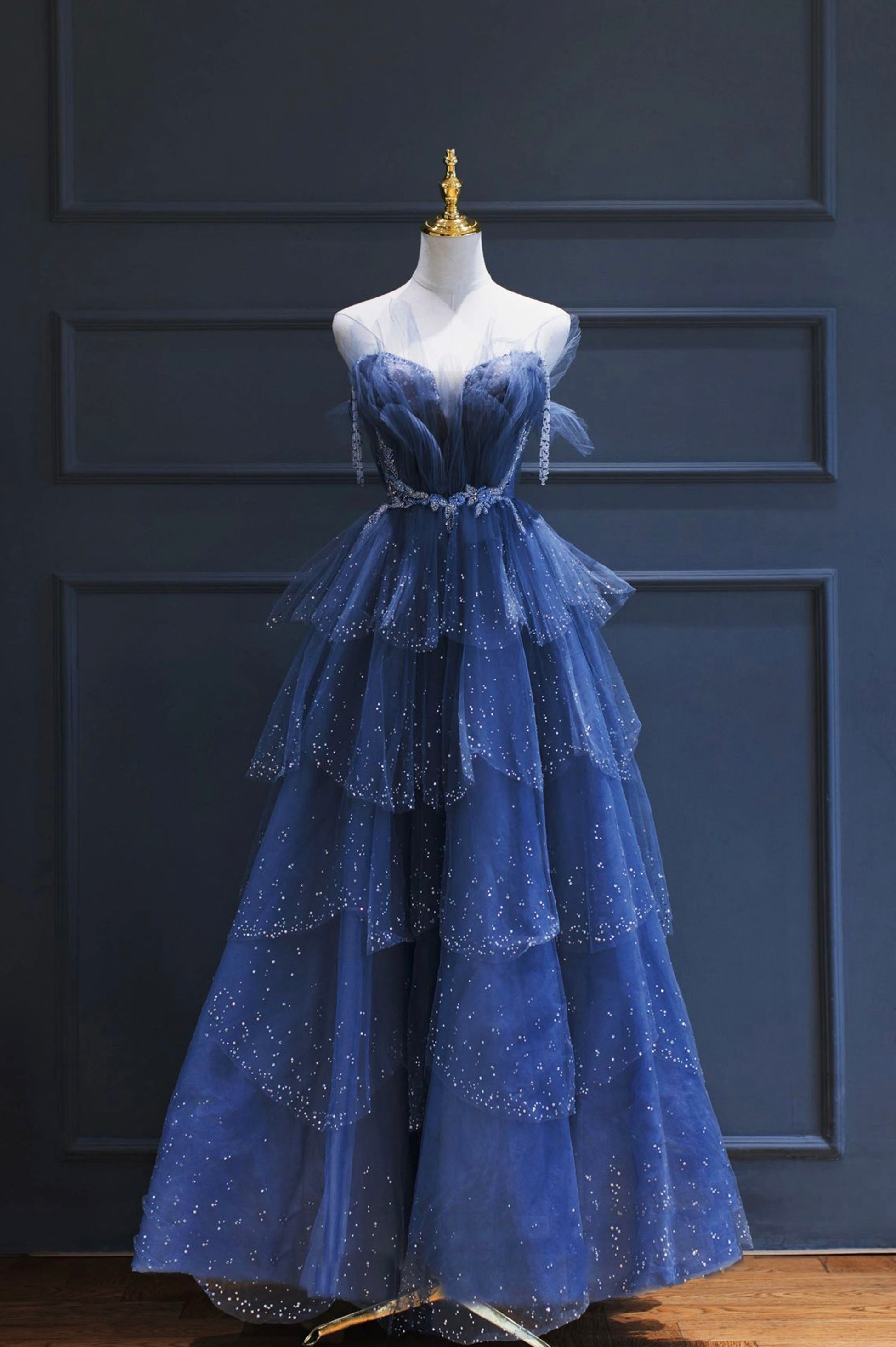 Blue Tulle Beaded Long Senior Corset Prom Dress, A-Line Strapless Evening Party Dress Outfits, Prom Pictures