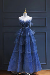 Blue Tulle Beaded Long Senior Corset Prom Dress, A-Line Strapless Evening Party Dress Outfits, Prom Pictures