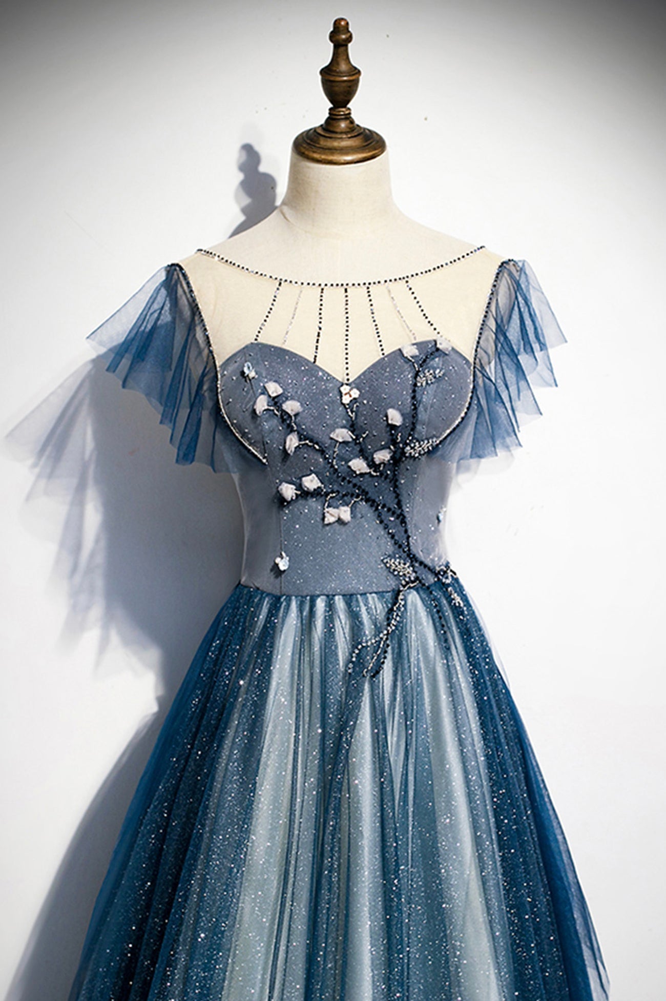 Blue Tulle Beading Long A-Line Corset Prom Dress, Scoop Neckline Eveni