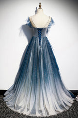 Blue Tulle Beading Long A-Line Corset Prom Dress, Scoop Neckline Evening Dress outfit, Bridesmaids Dress Ideas