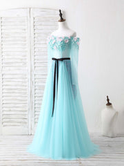 Blue Tulle Beads Long Corset Prom Dress Blue Beads Evening Dress outfit, Bridesmaids Dresses Mismatched Fall