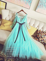 Blue Tulle Beads Long Corset Prom Dress Blue Beads Evening Dress outfit, Bridesmaids Dress With Lace