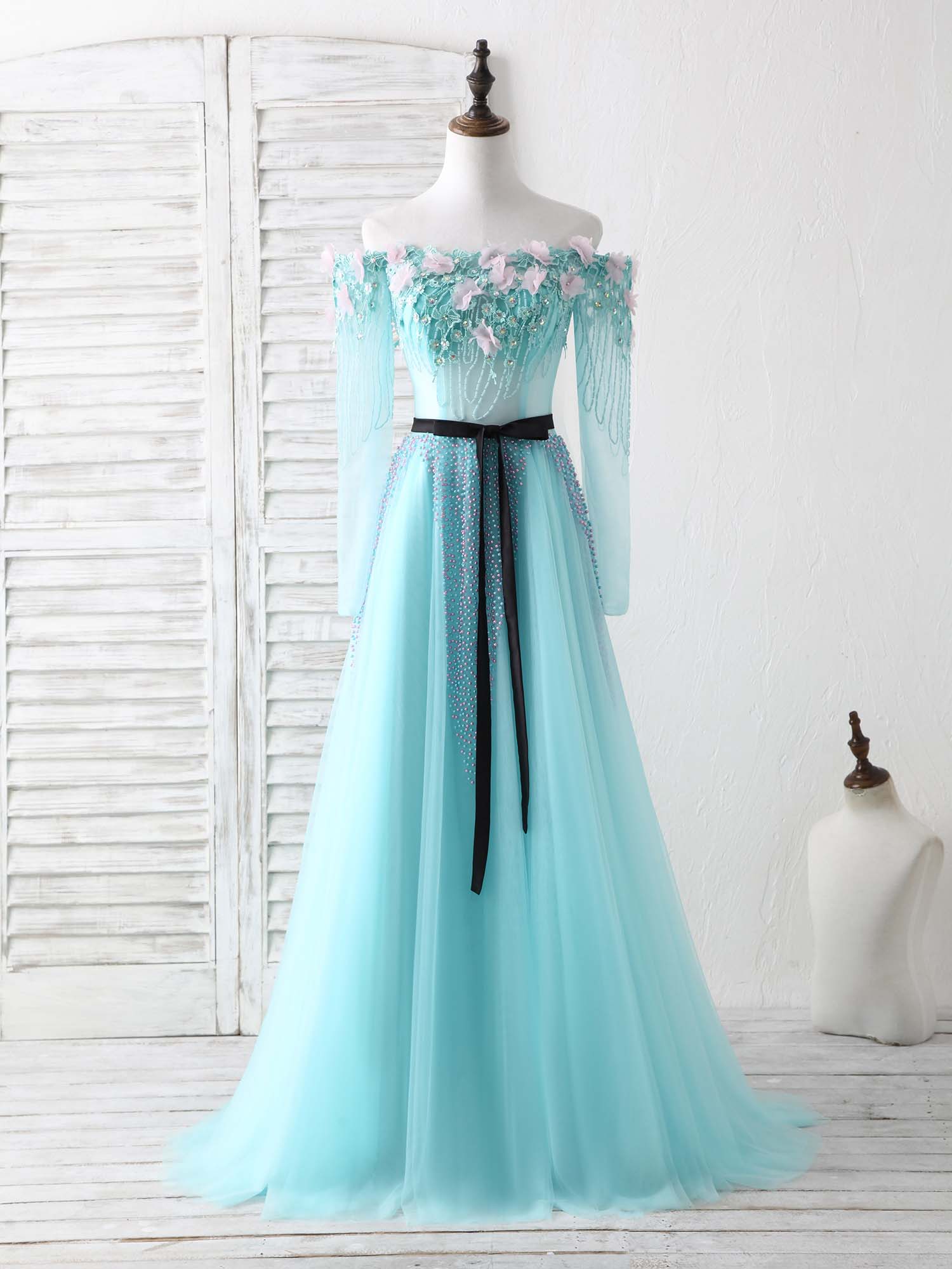 Blue Tulle Beads Long Corset Prom Dress Blue Beads Evening Dress outfit, Bridesmaid Dresses Uk