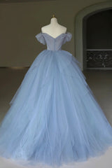 Blue Tulle Floor Length Corset Prom Dress, Off the Shoulder Evening Dress with 3D Flowers outfit, Prom Dress Off Shoulder