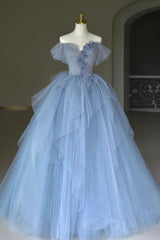Blue Tulle Floor Length Corset Prom Dress, Off the Shoulder Evening Dress with 3D Flowers outfit, Prom Dress Floral