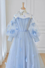 Blue Tulle Flowers Long Corset Prom Dress, Lovely A-Line Puff Sleeve Evening Dress outfit, Bridesmaid Dresses Style