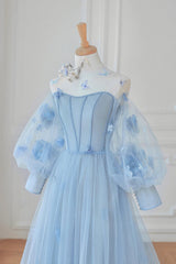 Blue Tulle Flowers Long Corset Prom Dress, Lovely A-Line Puff Sleeve Evening Dress outfit, Bridesmaids Dresses Styles