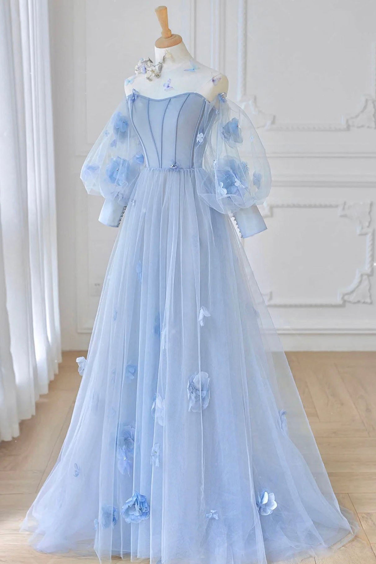 Blue Tulle Flowers Long Corset Prom Dress, Lovely A-Line Puff Sleeve Evening Dress outfit, Bridesmaid Dresses White