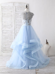 Blue Tulle Lace Applique Long Corset Prom Dress Blue Tulle Sweet 16 Dress outfit, Bridesmaid Dress Sleeveless