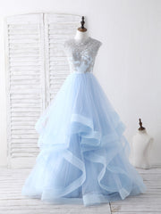 Blue Tulle Lace Applique Long Corset Prom Dress Blue Tulle Sweet 16 Dress outfit, Bridesmaid Dress Neutral
