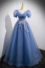Blue Tulle Lace Floor Length Corset Prom Dress, Blue Short Sleeve Evening Dress outfit, Formal Dress Black Dress