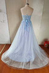 Blue Tulle Lace Long Corset Prom Dress, Blue Strapless Evening Dress with Slit Gowns, Evening Dress Sleeve