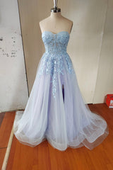 Blue Tulle Lace Long Corset Prom Dress, Blue Strapless Evening Dress with Slit Gowns, Evening Dress Red