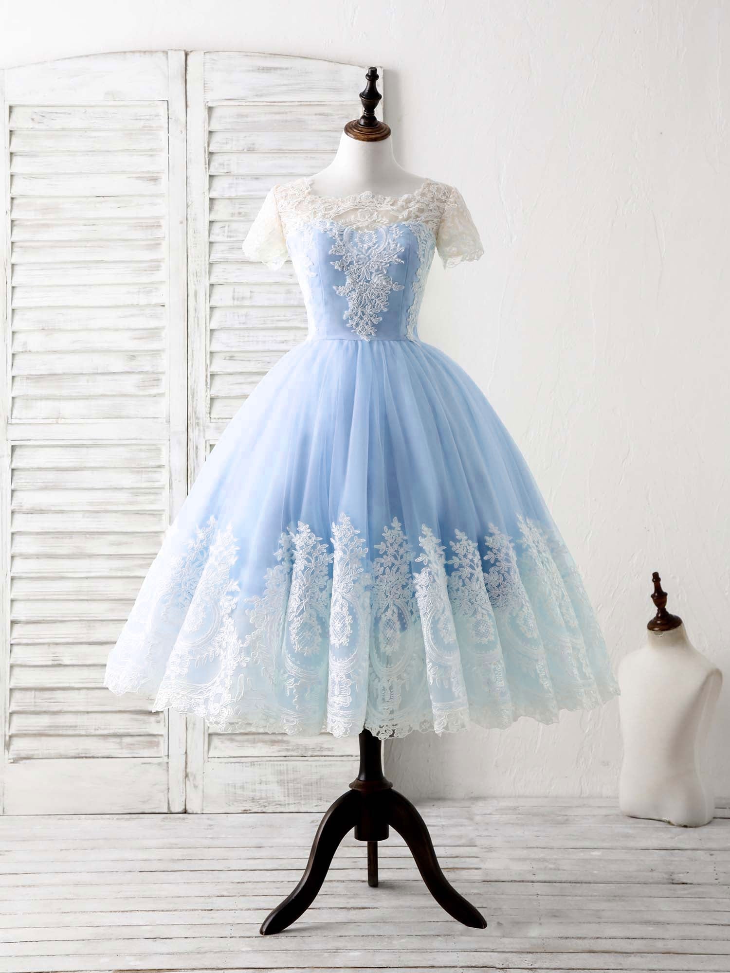 Blue Tulle Lace Short Corset Prom Dress Blue Corset Bridesmaid Dress outfit, Bridesmaid Dresses Orange
