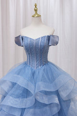 Blue Tulle Layers Long Corset Prom Gown, A-Line Blue Evening Dress outfit, Party Dress Fashion