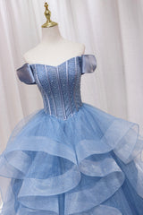 Blue Tulle Layers Long Corset Prom Gown, A-Line Blue Evening Dress outfit, Party Dress Wedding