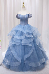 Blue Tulle Layers Long Corset Prom Gown, A-Line Blue Evening Dress outfit, Party Dress Short
